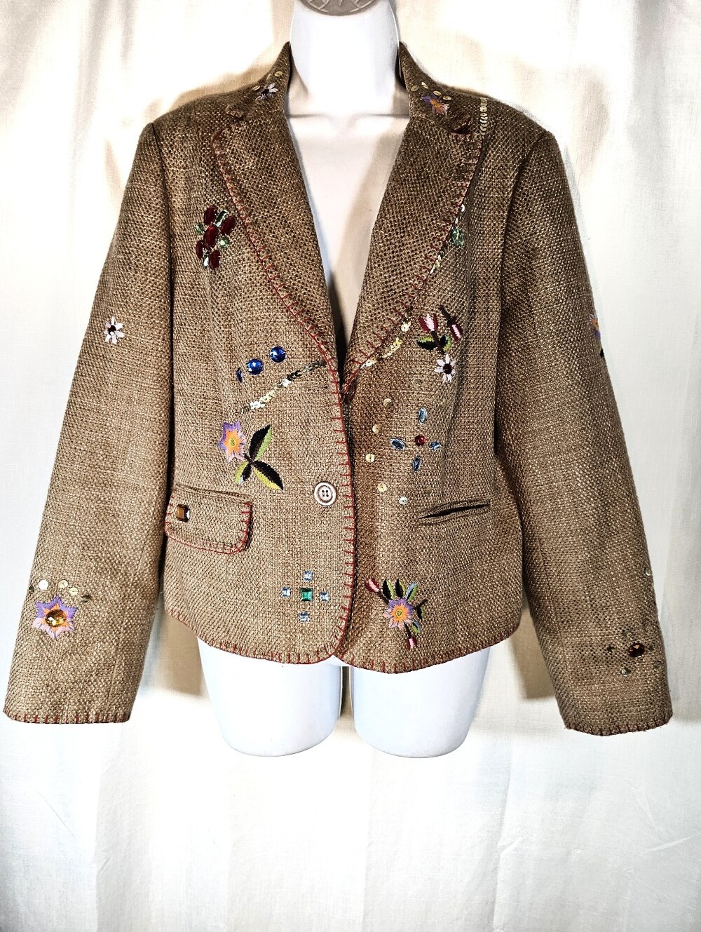 Focus 2000 Sz 14 Embellished Brown Tweed Blazer